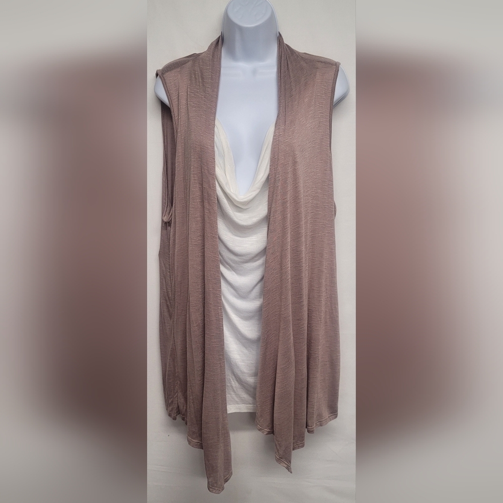 Annabelle 3X Vintage Faux Twin Set Top Draped Waterfall Khaki Sleeveless